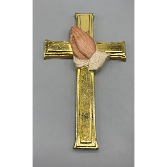Vtg Burwood Gold Wall Cross With Praying Hands Design Religious Decor - Picture 1 of 5